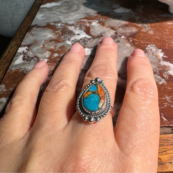 NWT Genuine oyster,copper,turquoise ring,925 Sterling Silver,vibrant, chunky❤️ - Picture 1 of 5